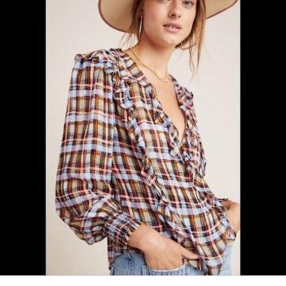 Anthropology Maeve Laila plaid wrap ruffle top - Picture 1 of 8